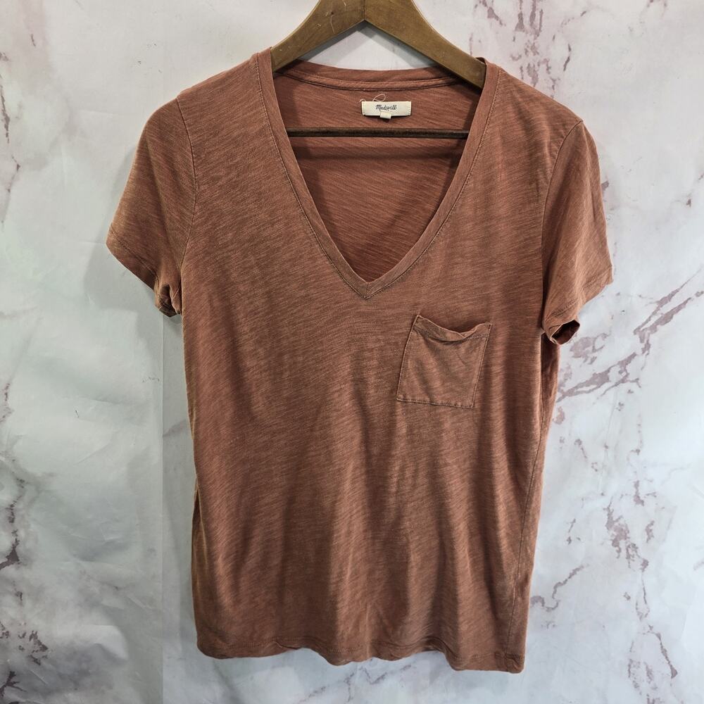 Madewell T Shirt Womens Small Terracotta Orange Short Sleeve V Pocket Tee